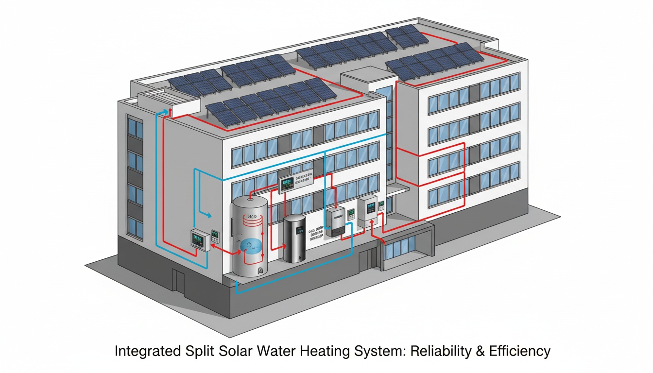 Commercial split solar hot water system for buildings with rooftop collector arrays, centralized storage tank, pump control, and hot water distribution